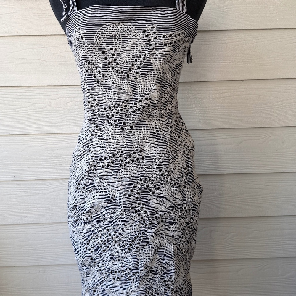Maggy London | Eyelet Embroidered Striped Dress | Size 10 |‎ Black Cotton